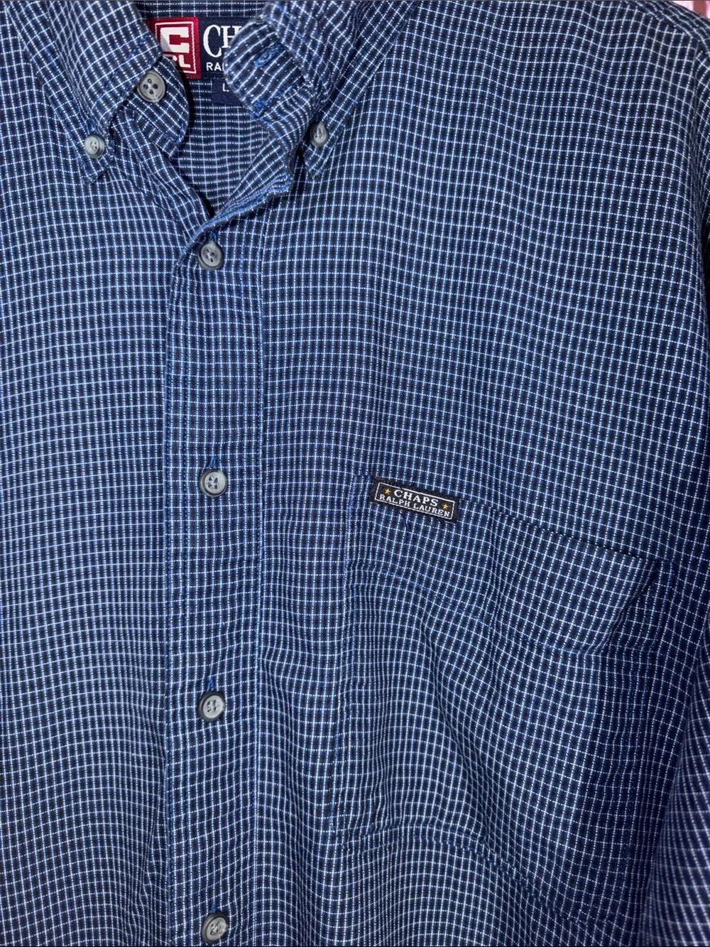 Chaps Ralph Lauren Men’s Large Blue Check Button Down Shirt Cotton - Picture 9 of 11